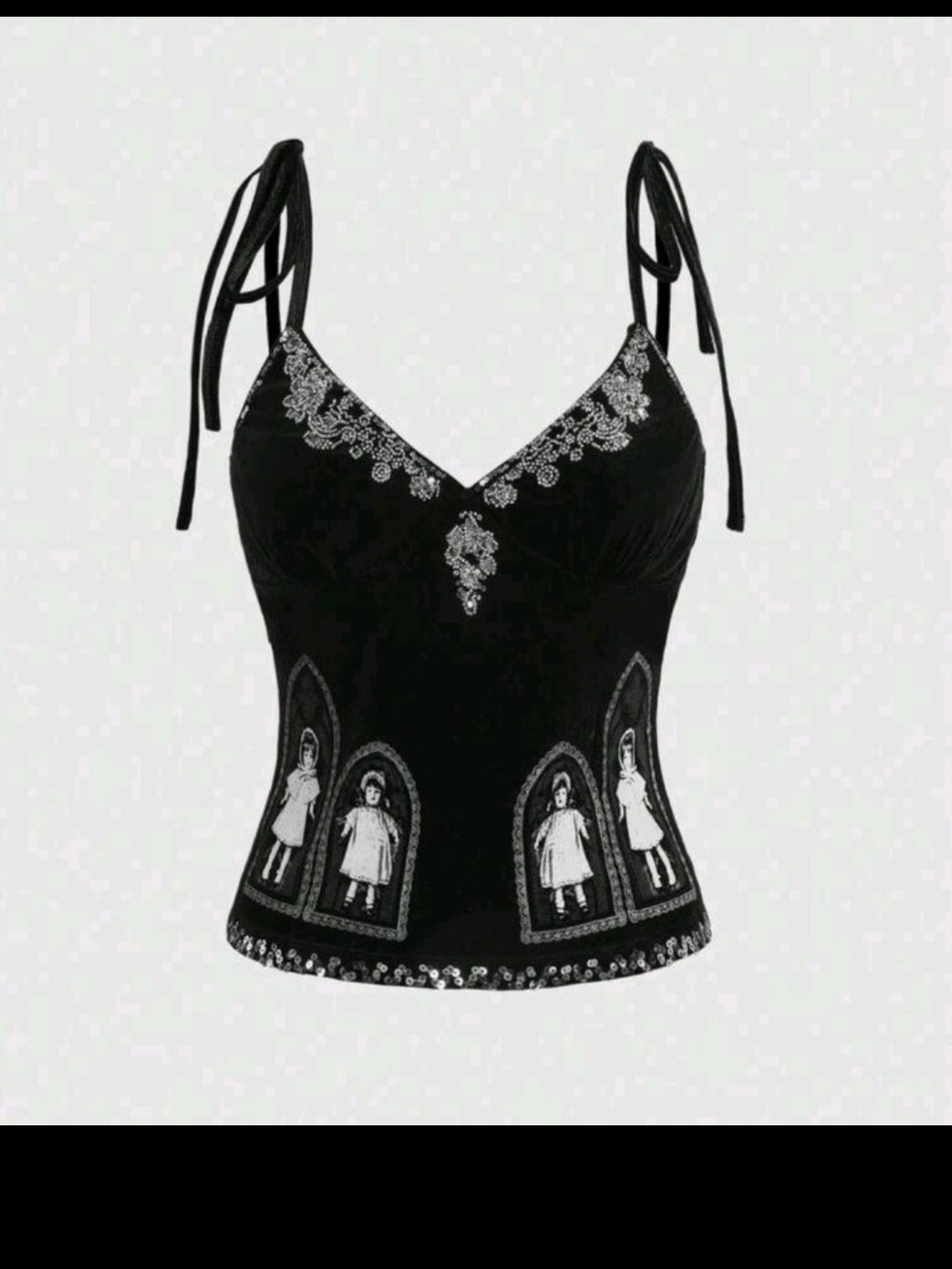 Goth Doll Black Velvet Embroidered Tie-Shoulder Camisole